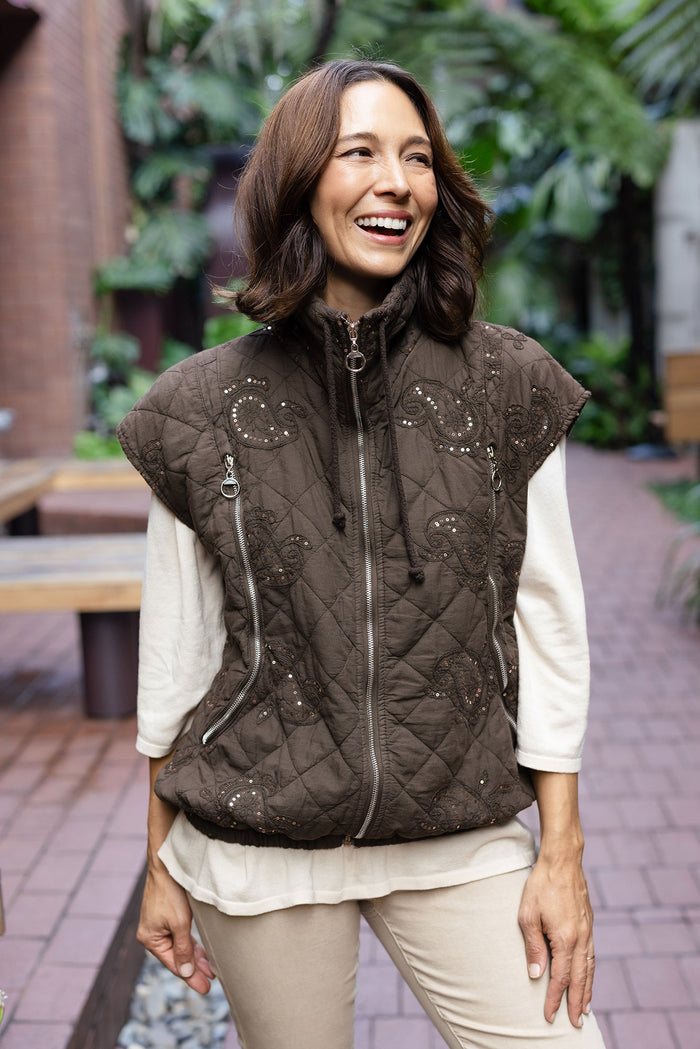 Kaylani Chocolate Sequin Quilted Vest,Lifestyle