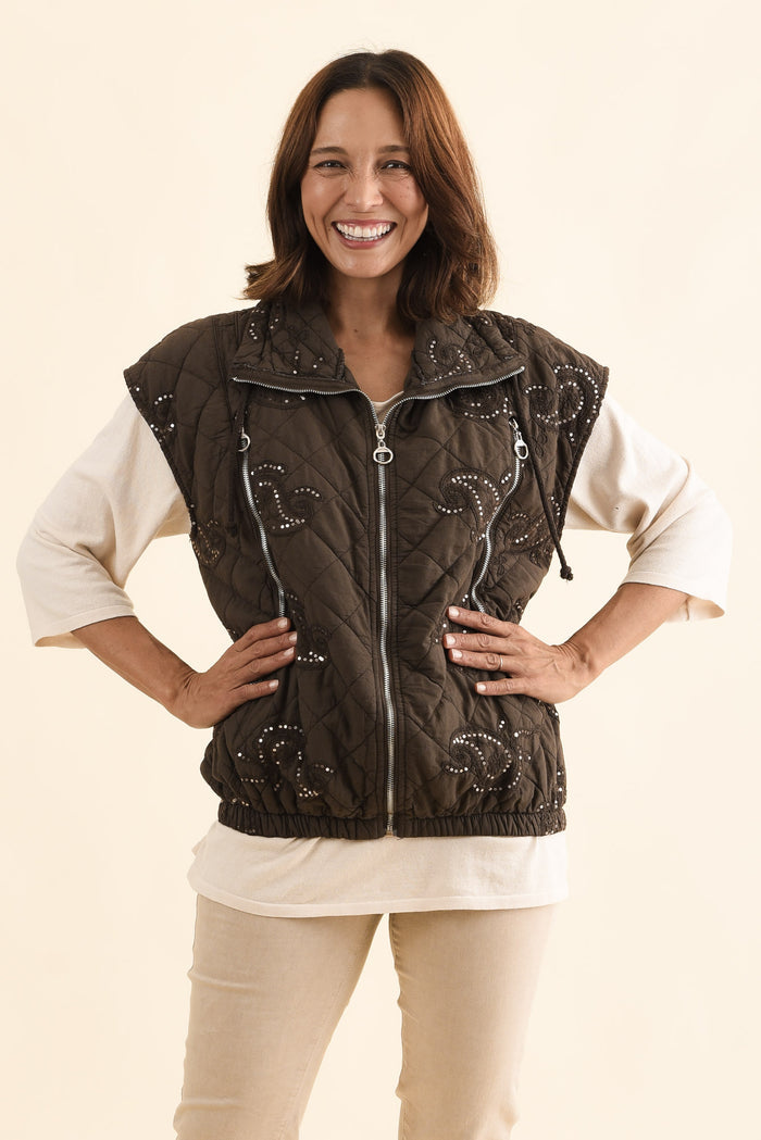 Kaylani Chocolate Sequin Quilted Vest,Front,Brunette model,alt text|model:Cara