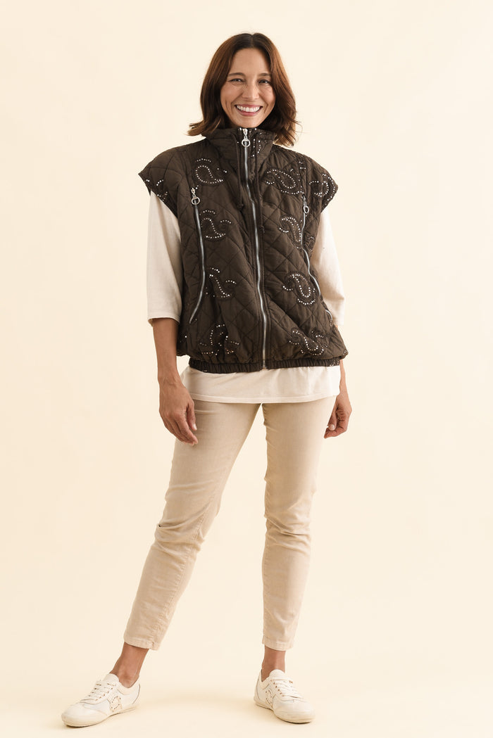 Kaylani Chocolate Sequin Quilted Vest,Full Body,Brunette model,alt text|model:Cara