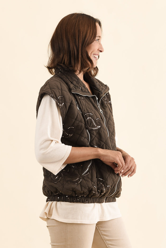Kaylani Chocolate Sequin Quilted Vest,Side,Brunette model,alt text|model:Cara