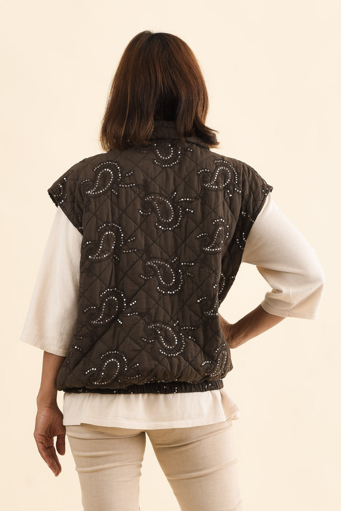 Kaylani Chocolate Sequin Quilted Vest,Back,Brunette model,alt text|model:Cara