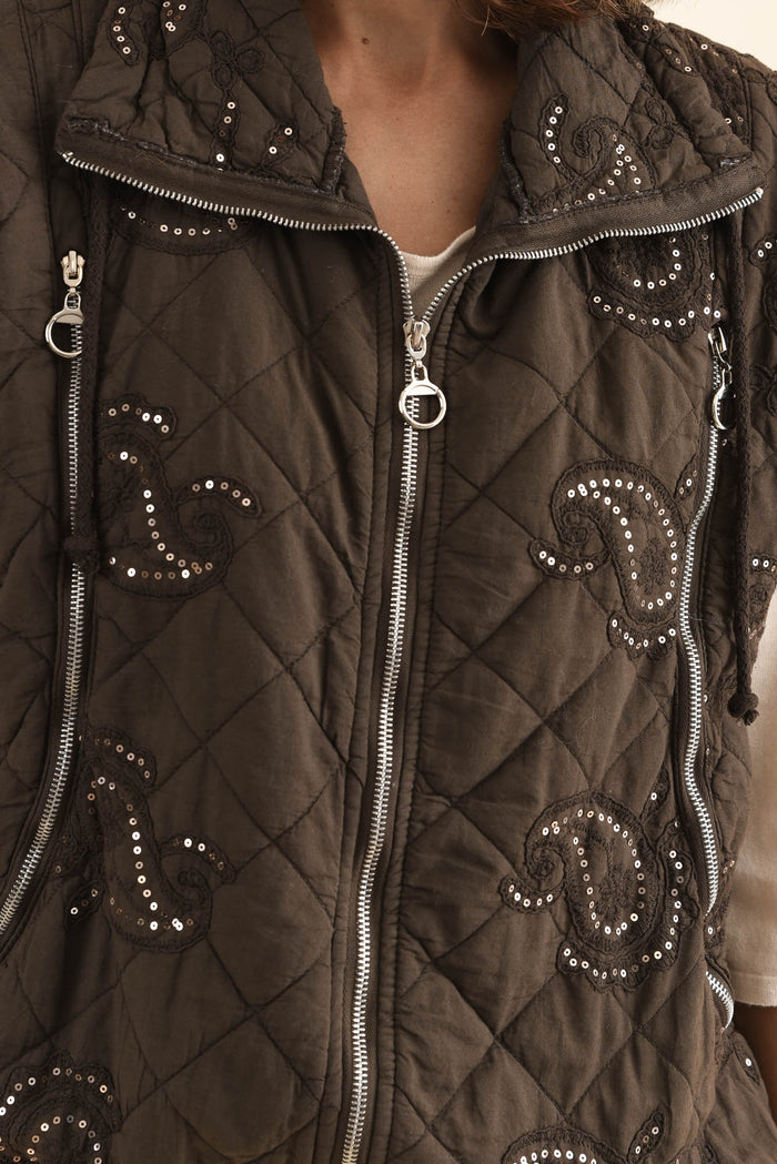 Kaylani Chocolate Sequin Quilted Vest,Detail,Brunette model,alt text|model:Cara