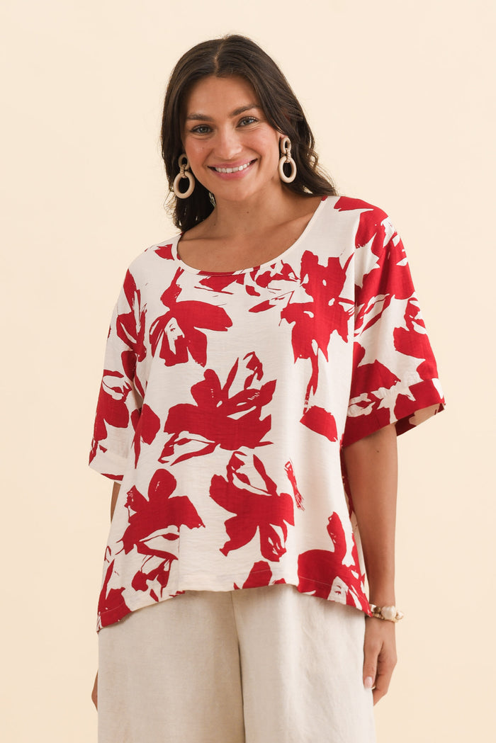 Kendria Red Brush Stroke Batwing Top,Brunette model,alt text|model:Brontie