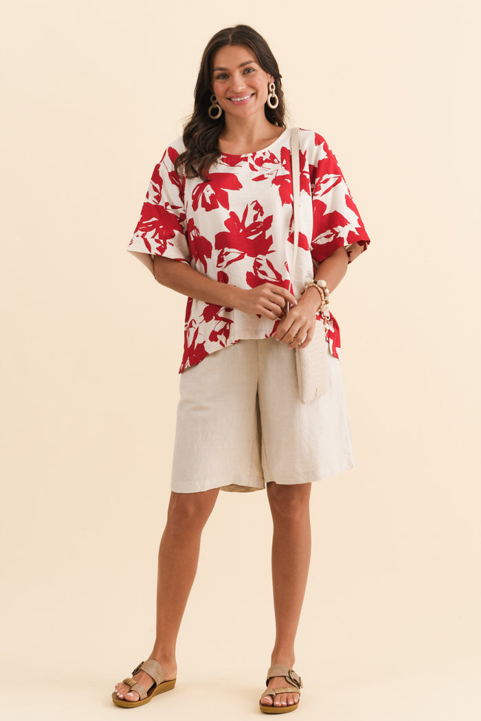 Kendria Red Brush Stroke Batwing Top,Brunette model,alt text|model:Brontie