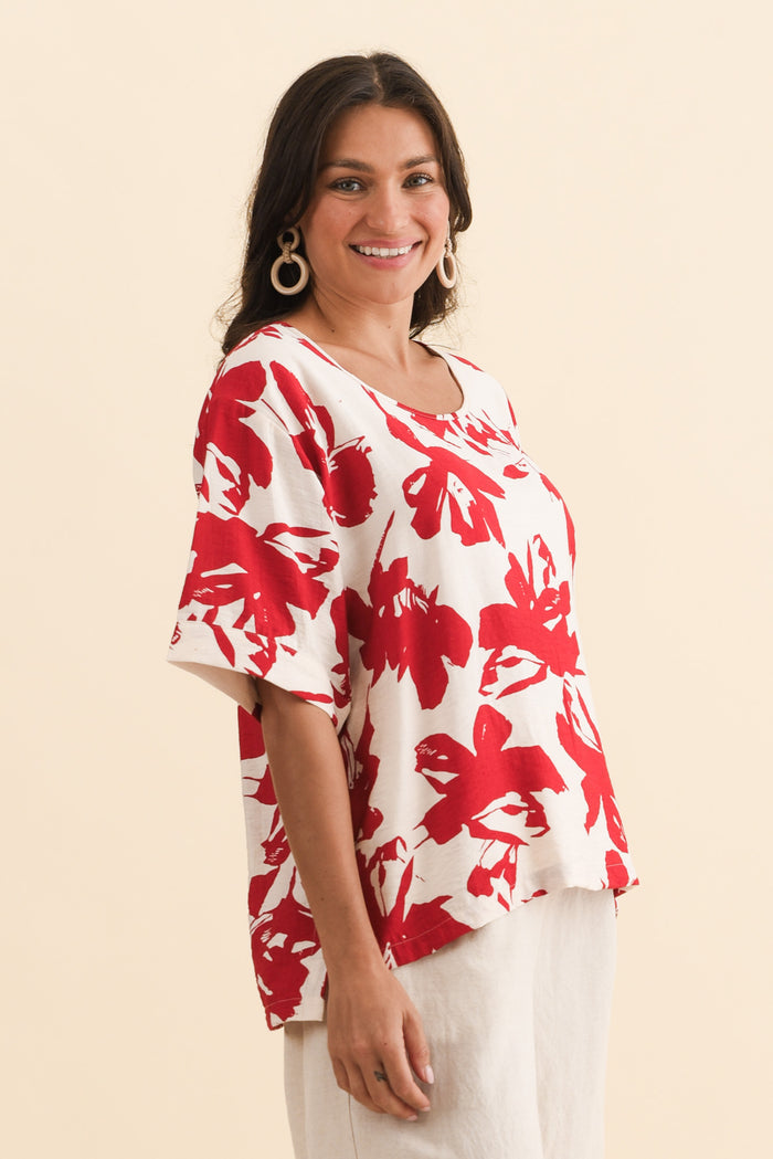 Kendria Red Brush Stroke Batwing Top,Brunette model,alt text|model:Brontie