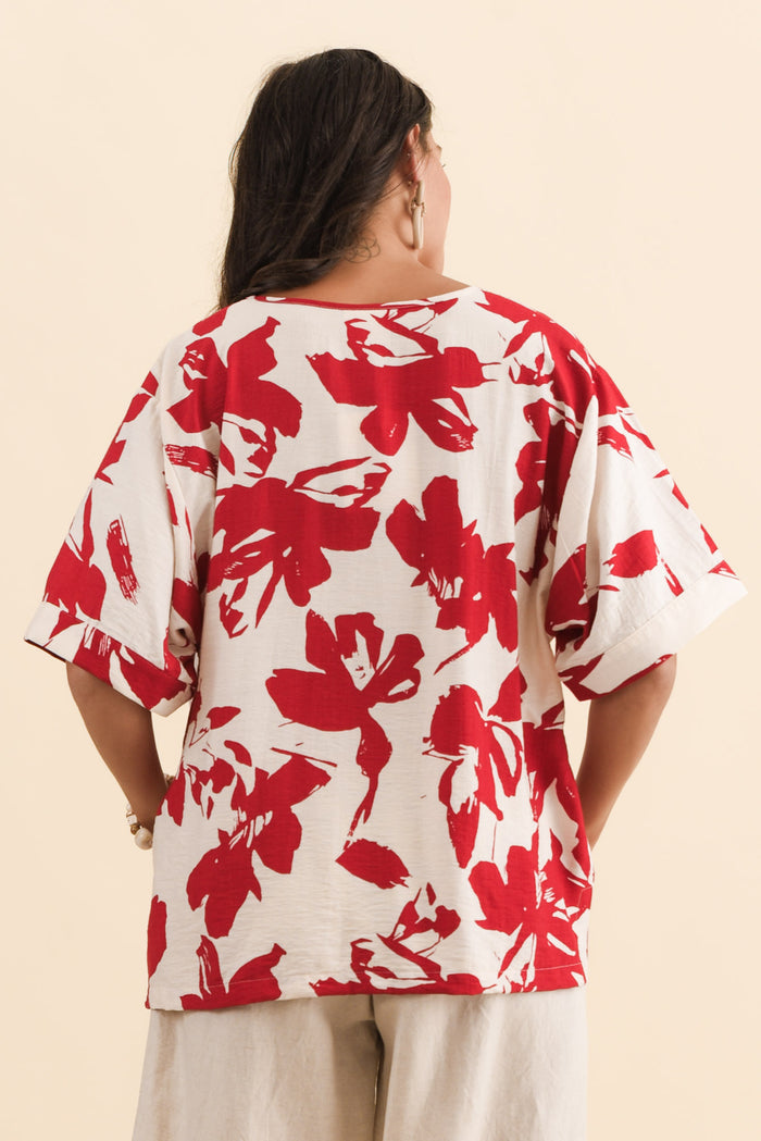 Kendria Red Brush Stroke Batwing Top,Brunette model,alt text|model:Brontie
