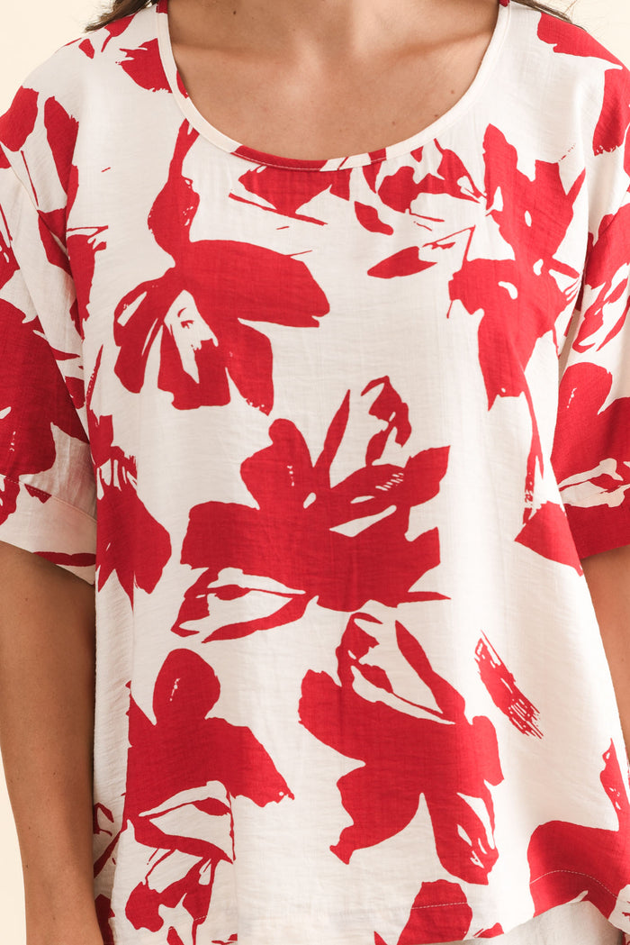 Kendria Red Brush Stroke Batwing Top,Brunette model,alt text|model:Brontie
