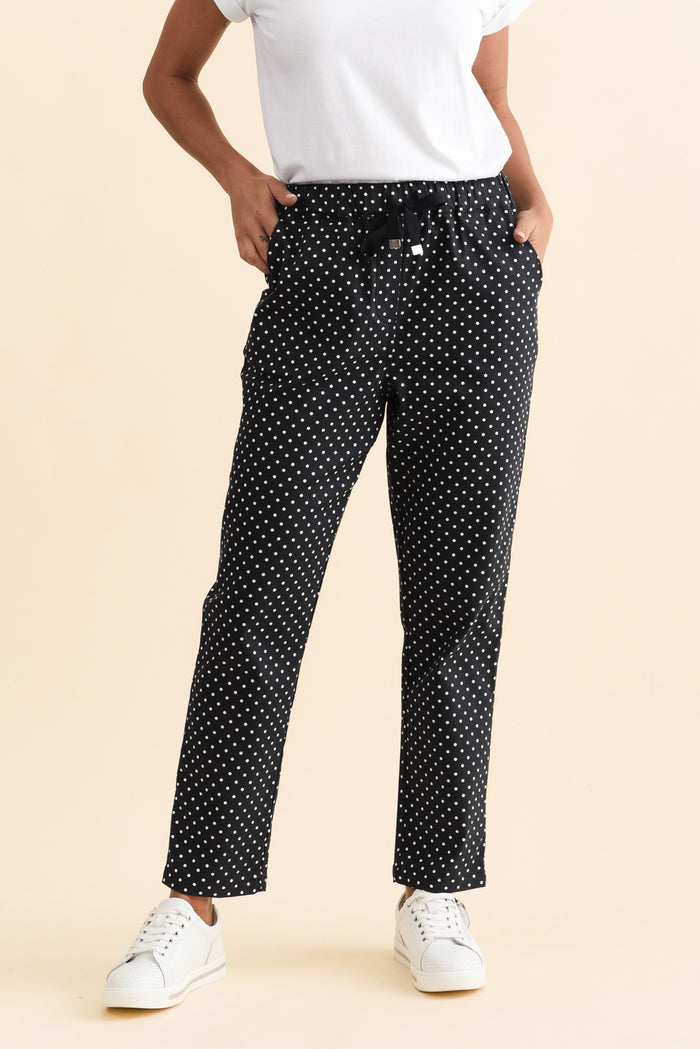 Kenzie Navy Spot Drawstring Pants,Brunette model,alt text|model:Brontie