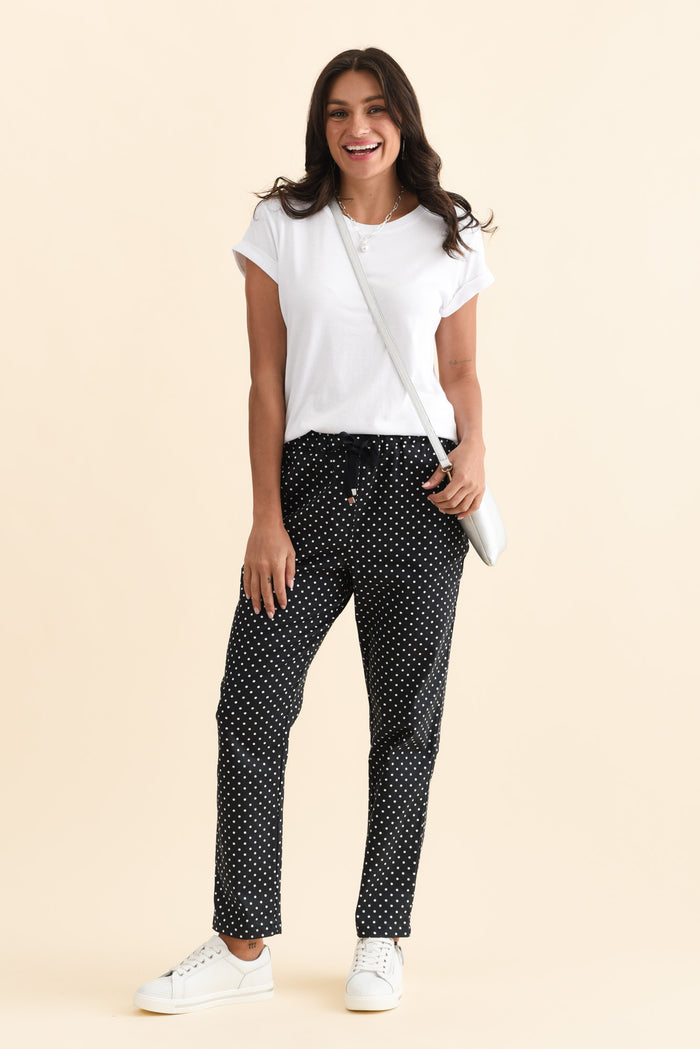 Kenzie Navy Spot Drawstring Pants,Brunette model,alt text|model:Brontie