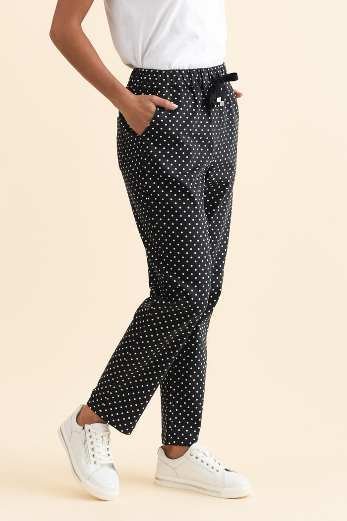 Kenzie Navy Spot Drawstring Pants,Brunette model,alt text|model:Brontie