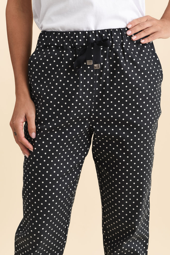 Kenzie Navy Spot Drawstring Pants,Brunette model,alt text|model:Brontie