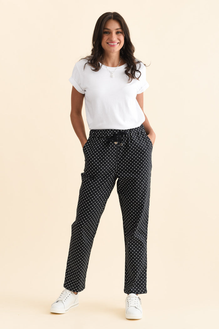 Kenzie Navy Spot Drawstring Pants,Brunette model,alt text|model:Brontie