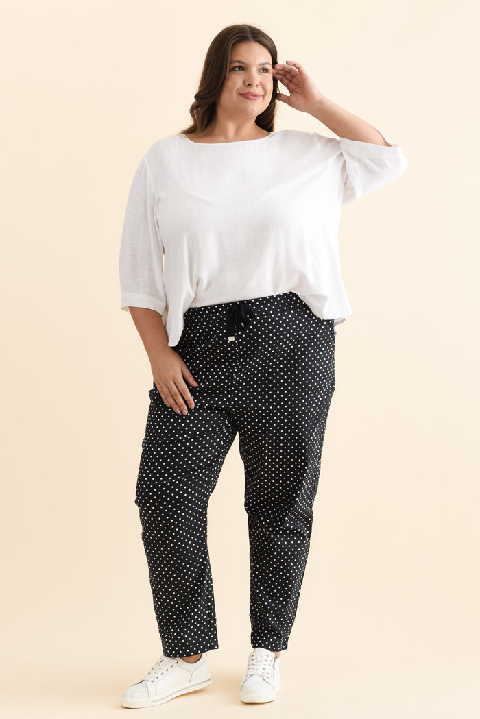 Kenzie Navy Spot Drawstring Pants,Brunette model,alt text|model:Gabby