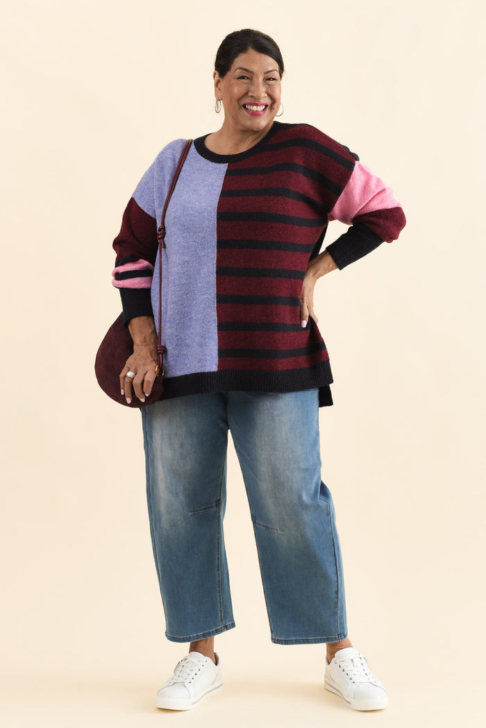 Kit Red Splice Knit Jumper,Full Body,Brunette model,alt text|model:Pilita