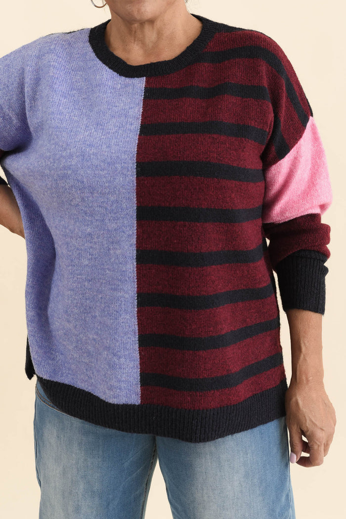 Kit Red Splice Knit Jumper,Detail,Brunette model,alt text|model:Pilita
