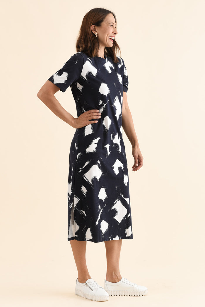 Klee Navy Abstract Cotton Tee Dress,Side,Brunette model,alt text|model:Cara