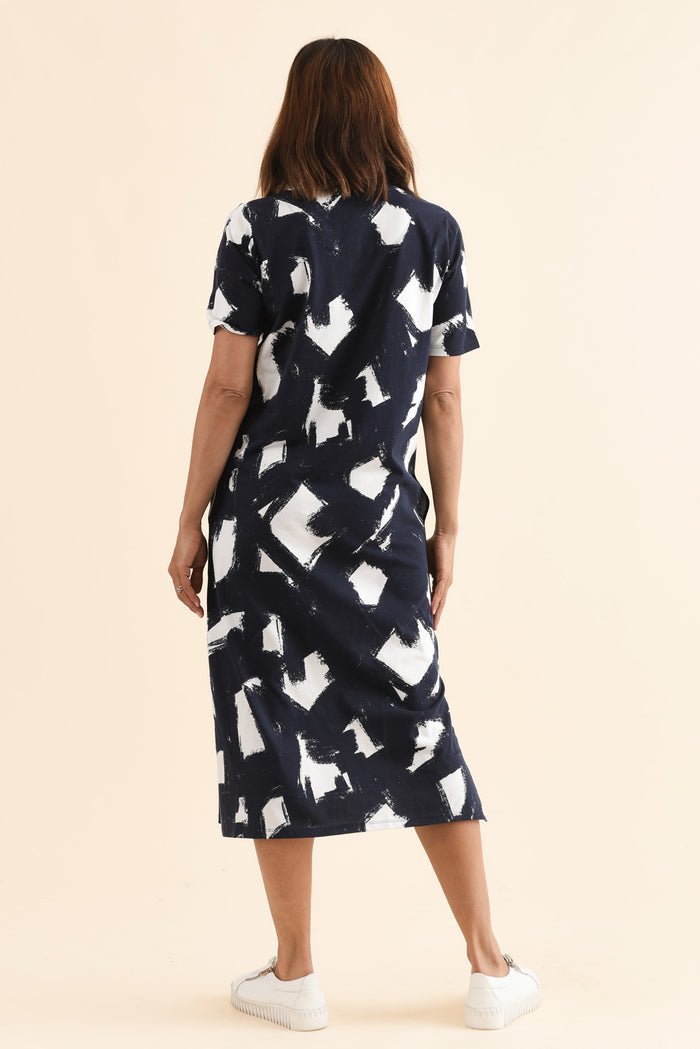 Klee Navy Abstract Cotton Tee Dress,Back,Brunette model,alt text|model:Cara