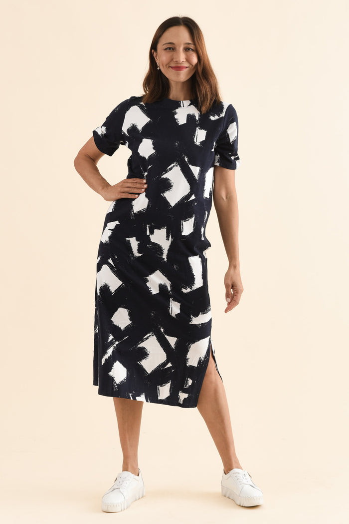 Klee Navy Abstract Cotton Tee Dress,Full Body,Brunette model,alt text|model:Cara