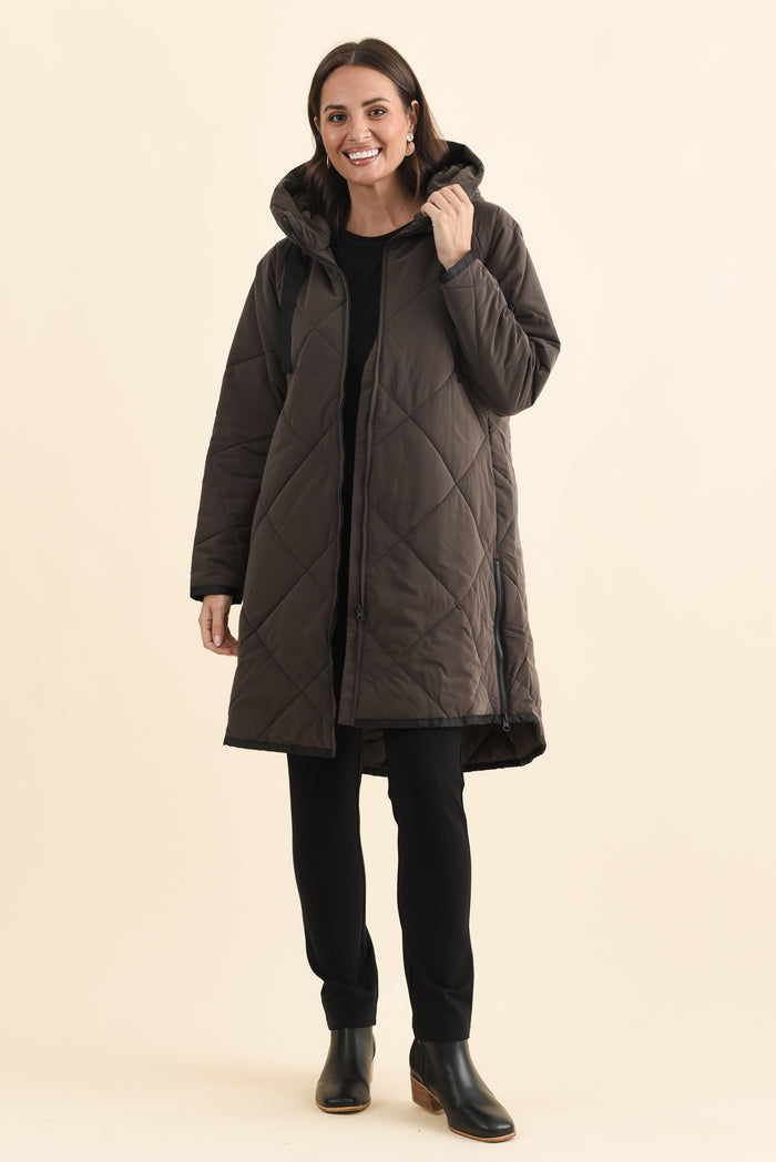 Koami Chocolate Quilted Hooded Coat,Brunette model,alt text|model:MJ
