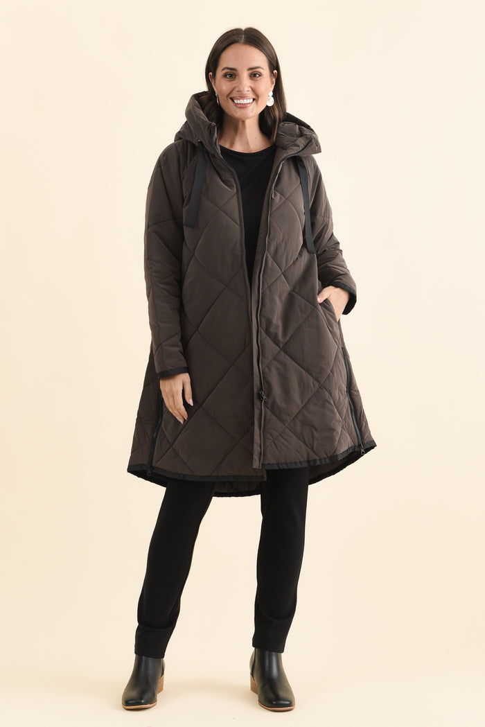 Koami Chocolate Quilted Hooded Coat,Brunette model,alt text|model:MJ