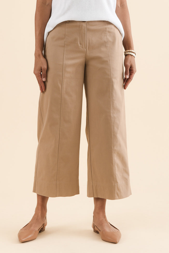 Kristy Beige Cotton Wide Leg Pants,Front,Brunette model,alt text|model:Cara