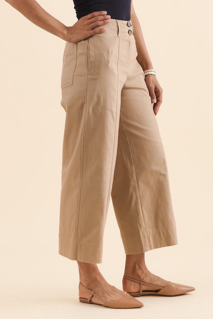 Kristy Beige Cotton Wide Leg Pants,Side,Brunette model,alt text|model:Cara