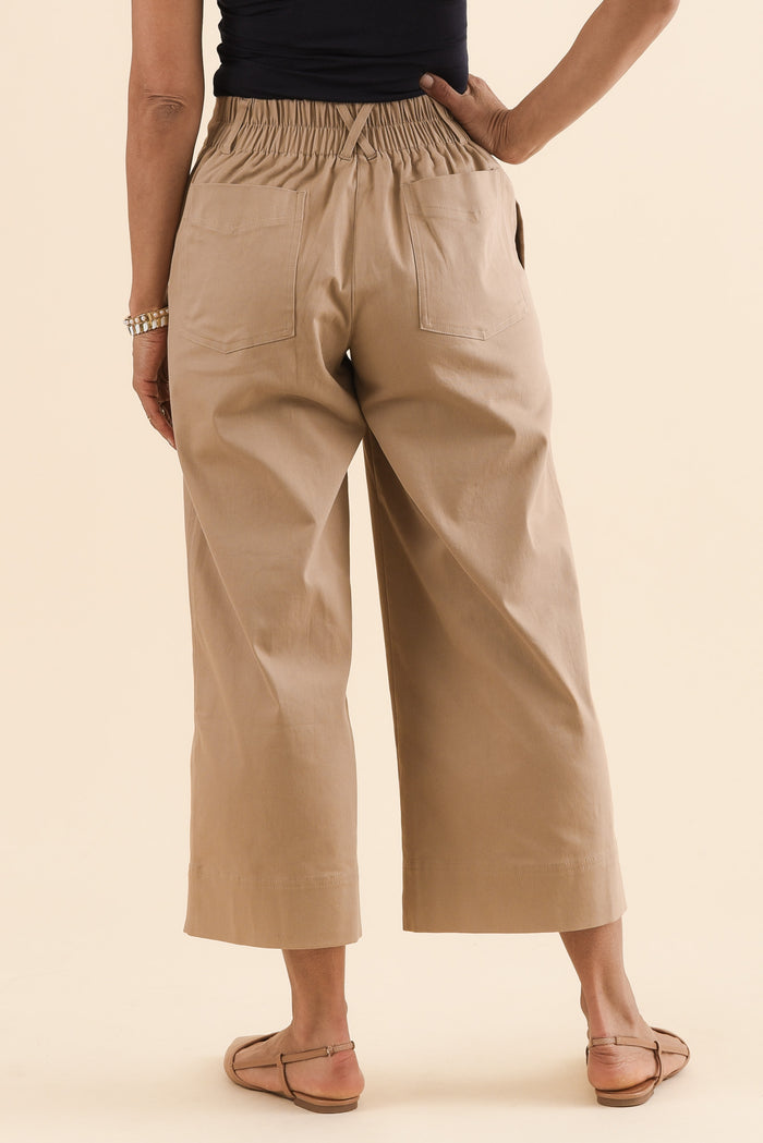 Kristy Beige Cotton Wide Leg Pants,Back,Brunette model,alt text|model:Cara