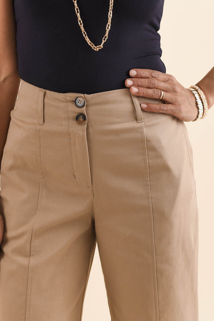 Kristy Beige Cotton Wide Leg Pants,Detail,Brunette model,alt text|model:Cara