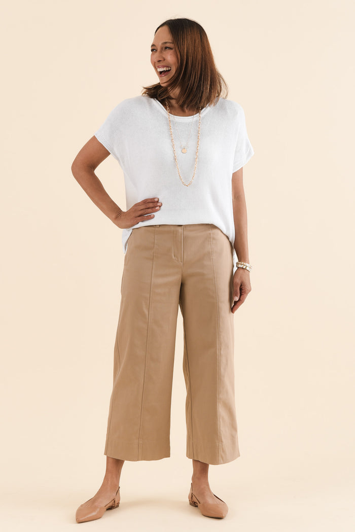 Kristy Beige Cotton Wide Leg Pants,Full Body,Brunette model,alt text|model:Cara