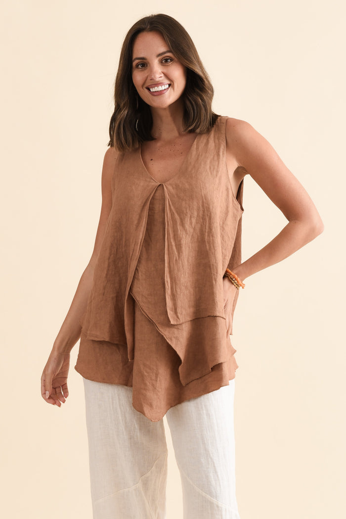 Lagos Rust Linen Layered Tank,Brunette model,alt text|model:MJ