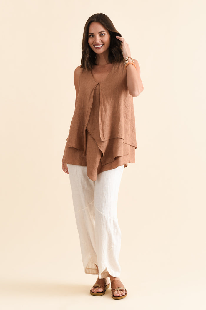 Lagos Rust Linen Layered Tank,Brunette model,alt text|model:MJ