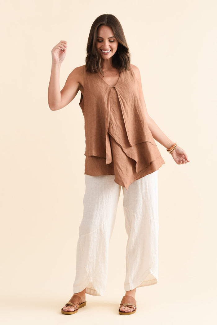 Lagos Rust Linen Layered Tank,Brunette model,alt text|model:MJ
