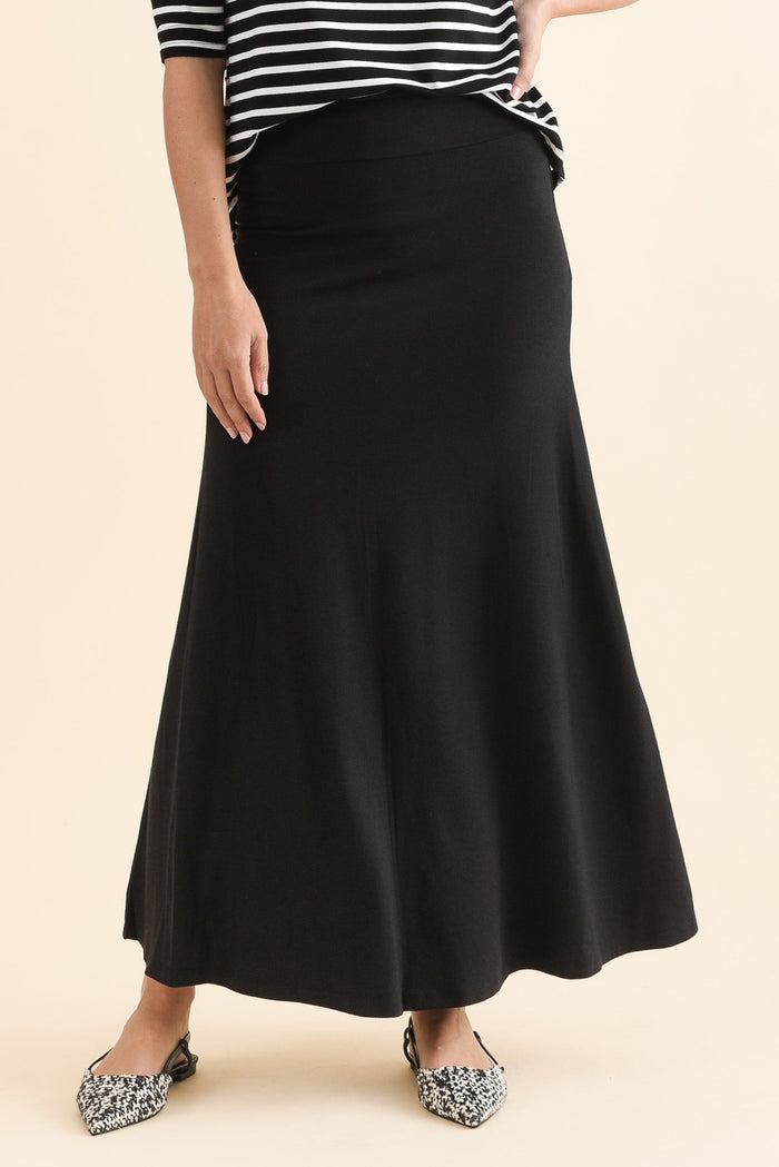 Lana Black Bamboo Cotton Maxi Skirt,Front,Brunette model,alt text|model:MJ