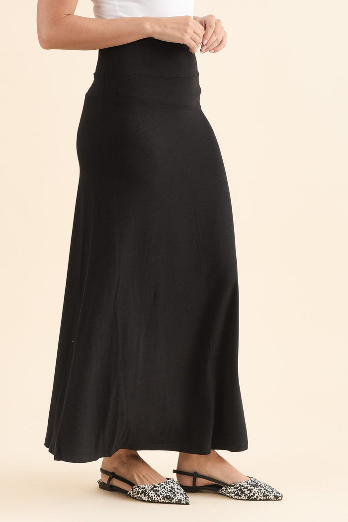 Lana Black Bamboo Cotton Maxi Skirt,Side,Brunette model,alt text|model:MJ