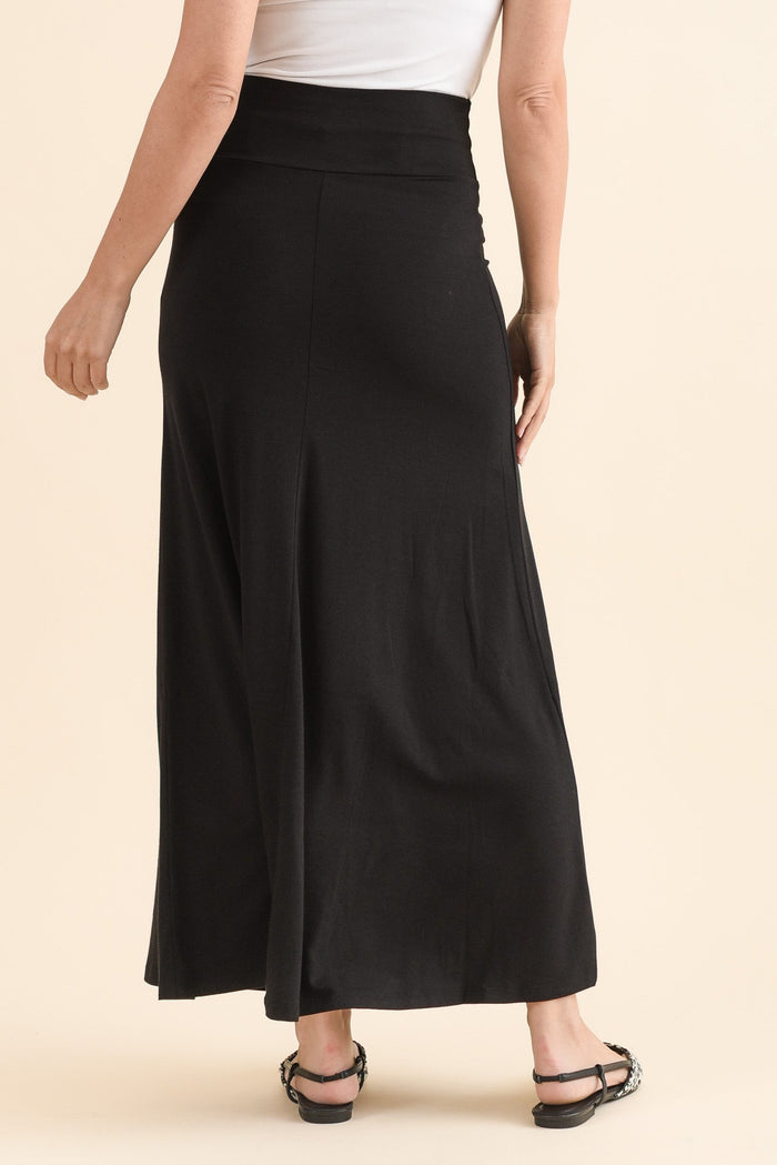 Lana Black Bamboo Cotton Maxi Skirt,Back,Brunette model,alt text|model:MJ