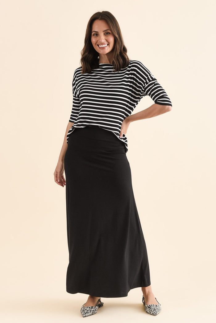 Lana Black Bamboo Cotton Maxi Skirt,Full Body,Brunette model,alt text|model:MJ
