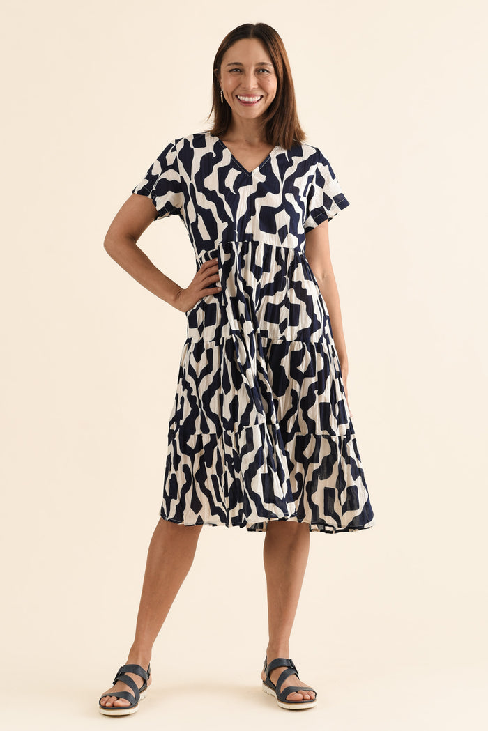 Lania Navy Motif Crinkle Cotton Dress,Front,Brunette model,alt text|model:Cara