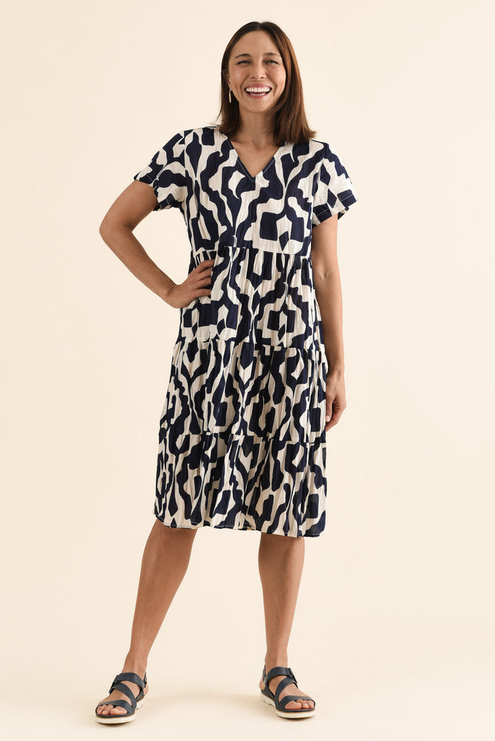 Lania Navy Motif Crinkle Cotton Dress,Full Body,Brunette model,alt text|model:Cara
