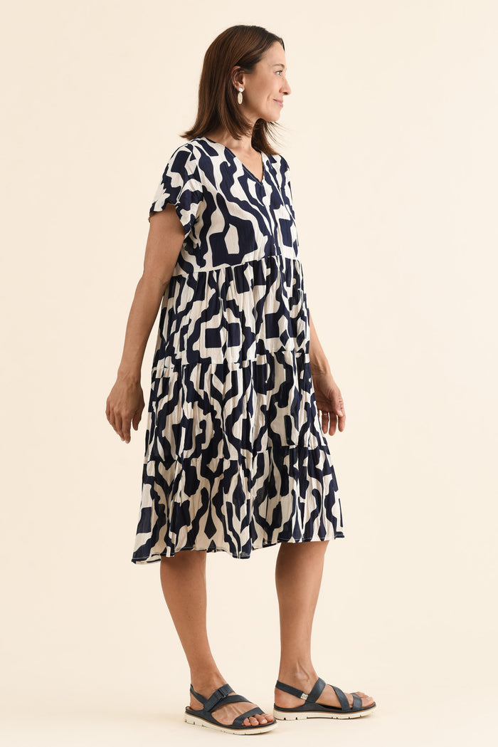 Lania Navy Motif Crinkle Cotton Dress,Side,Brunette model,alt text|model:Cara
