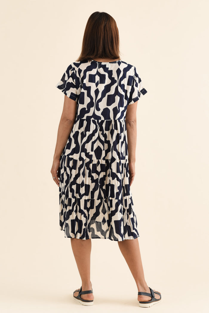 Lania Navy Motif Crinkle Cotton Dress,Back,Brunette model,alt text|model:Cara