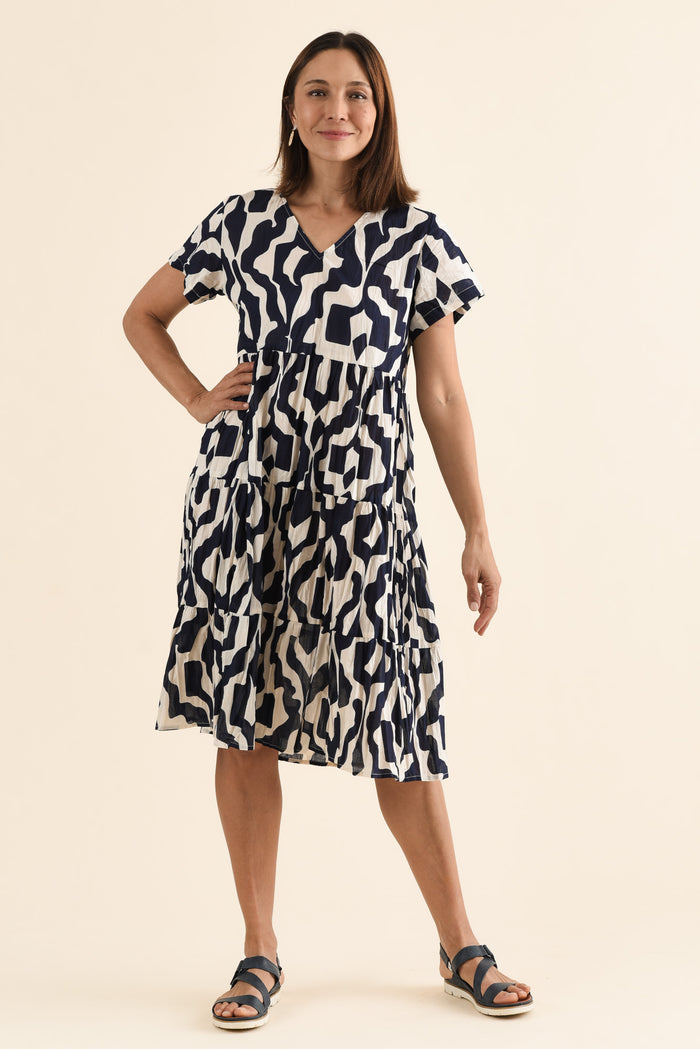 Lania Navy Motif Crinkle Cotton Dress,Full Body,Brunette model,alt text|model:Cara