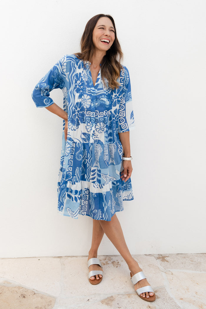 Larissa Blue Ocean Cotton Pleated Dress,Lifestyle