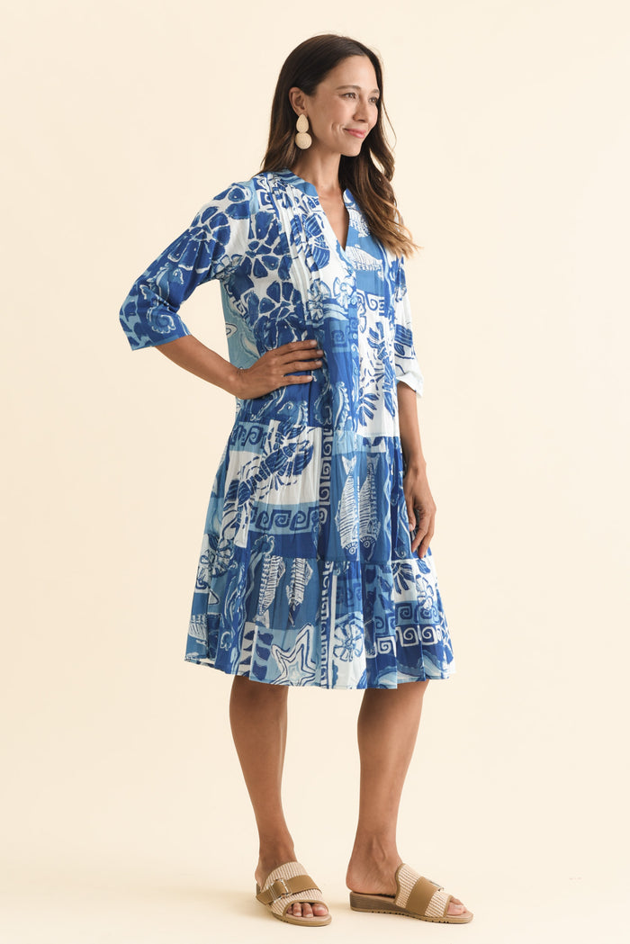 Larissa Blue Ocean Cotton Pleated Dress,Brunette model,alt text|model:Cara