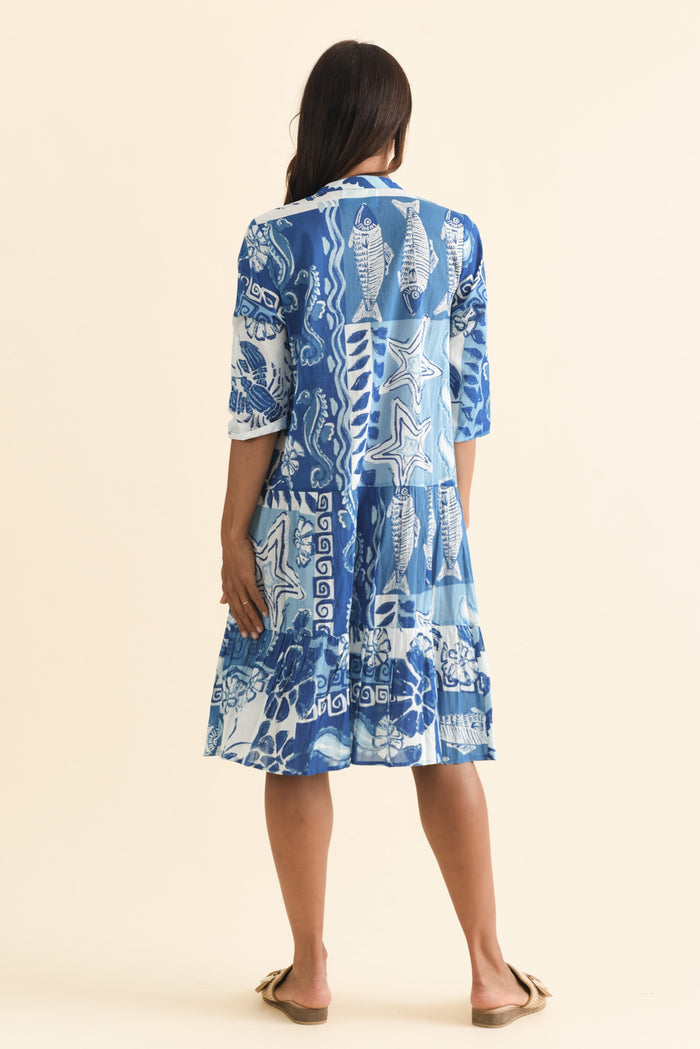 Larissa Blue Ocean Cotton Pleated Dress,Brunette model,alt text|model:Cara