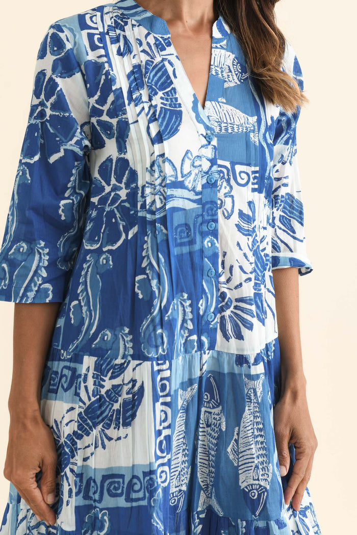Larissa Blue Ocean Cotton Pleated Dress,Brunette model,alt text|model:Cara