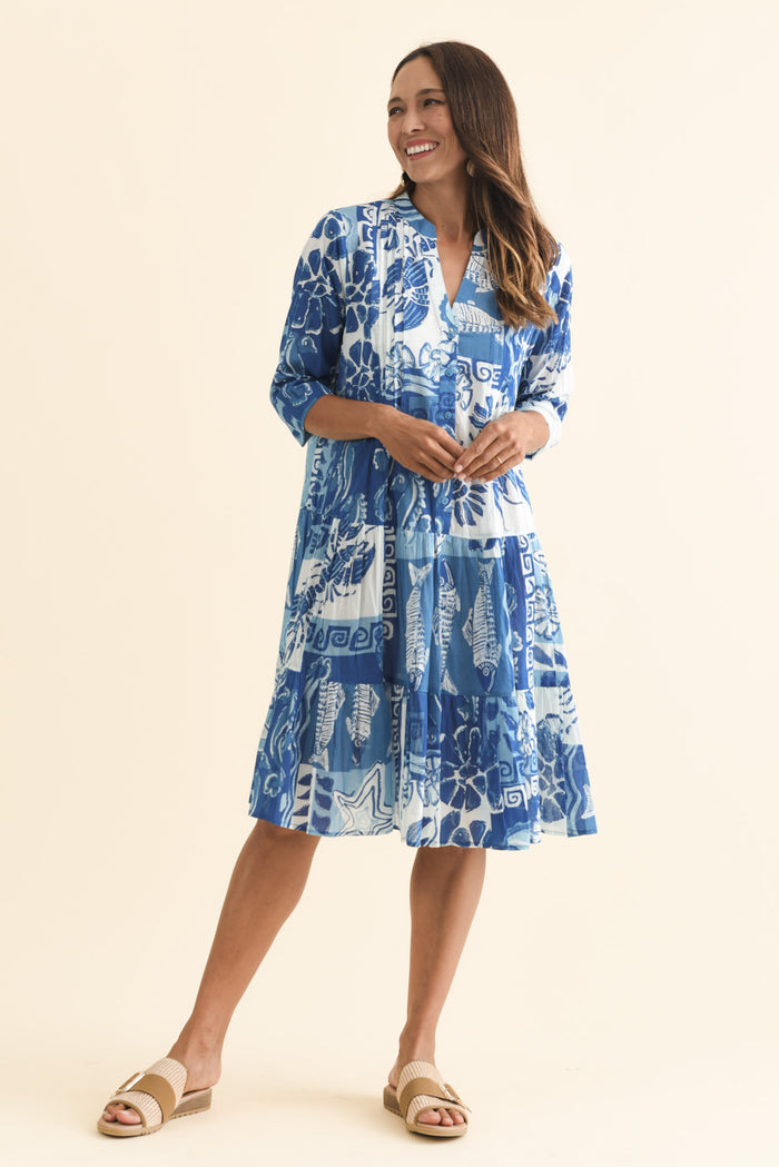 Larissa Blue Ocean Cotton Pleated Dress,Brunette model,alt text|model:Cara