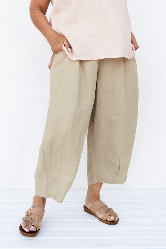 Lassie Beige Linen Barrel Pants