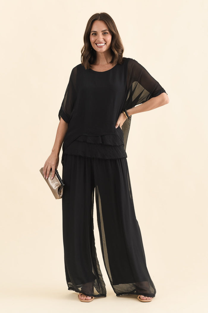 Laurier Black Silk Wide Leg Pants,Brunette model,alt text|model:MJ