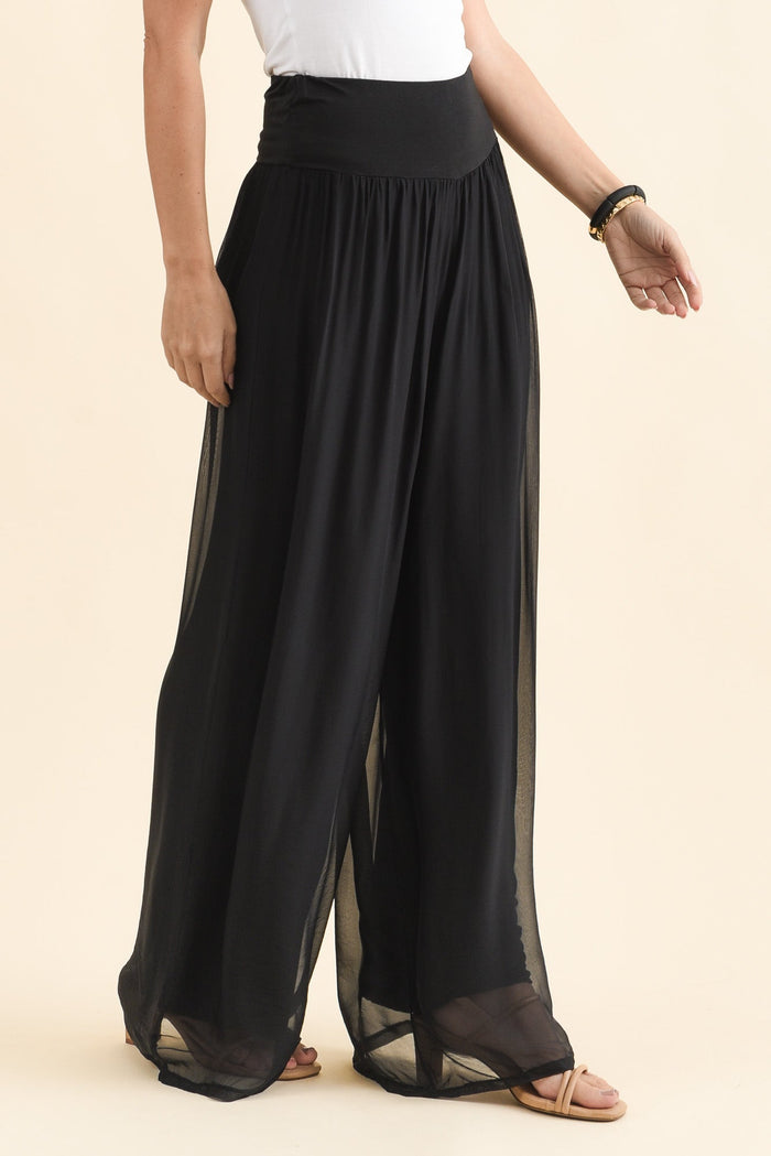 Laurier Black Silk Wide Leg Pants,Brunette model,alt text|model:MJ