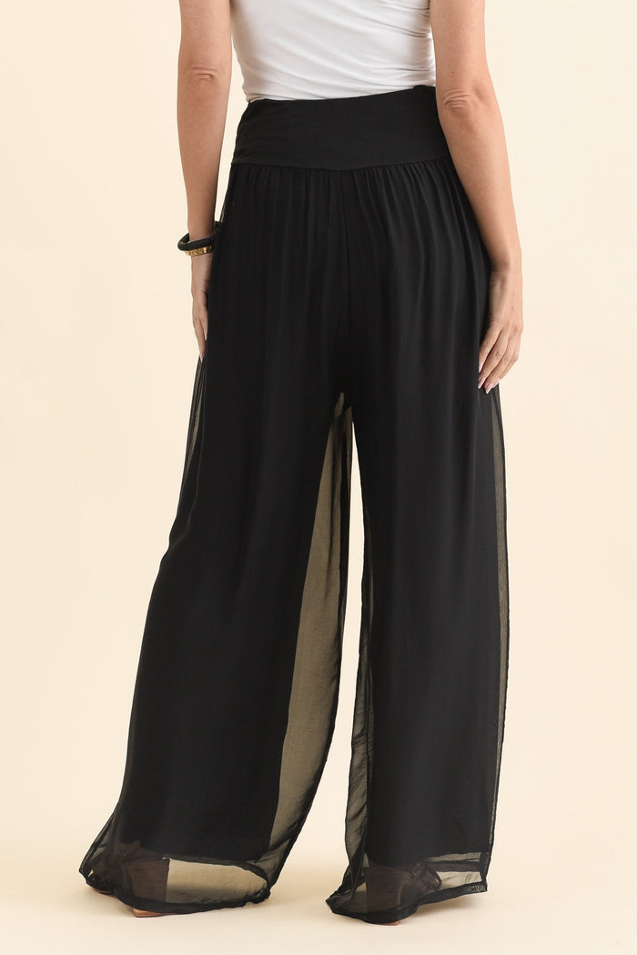 Laurier Black Silk Wide Leg Pants,Brunette model,alt text|model:MJ